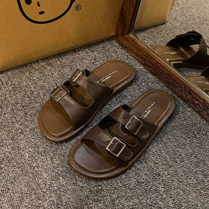 Womens Flat Sandals Summer Outdoor Wear Retro Style French Fairy Beach Slippers Low Heel Rubber Outsole Pure Color Slip-On