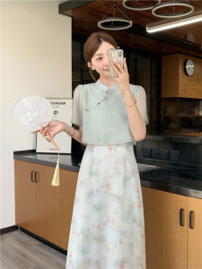 ชุดเดรสยาวปานกลางสไตล์จีนใหม่ เสื้อเชิ้ตแขนสั้นผ้าไหม Lenzing พร้อมเข็มขัด ชุดแฟชั่นฤดูร้อนสำหรับผู้หญิง