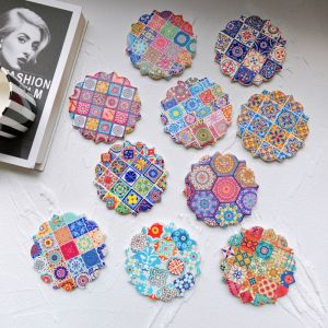 Southeast Asia Creative 3D Relief Glossy Surface Water Absorbent Ceramic Cork Cup Mat Bohemian Ethnic Style Vintage Design