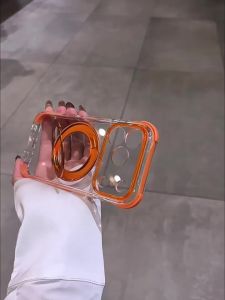 Luxury Transparent Acrylic Aluminum Alloy Magnetic Stand Phone Case For iPhone 13 14 15 16 17 Pro Max Rotate Fold Bracket Cover