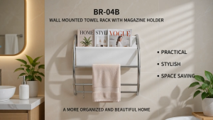 BR-04B Wall Mounted Towel Rack with Magazine Holder Bathroom Organizer Space Saving Multipurpose Storage Rack