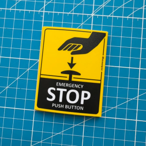 Emergency Stop Push Button. Premium Sticker Sign Notice Signage. Machine Safety Shutdown Button. Panic Halt Switch.