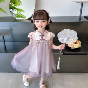 เจ้าหญิงปักย้อนยุค เดรส สําหรับเด็กผู้หญิง เด็กทารก กระดุม ปกเสื้อ กระโปรงกี่เพ้า ฤดูร้อน อินเทรนด์ วัสดุตาข่าย ถุงเท้าถึงกลางน่อง ความยาว