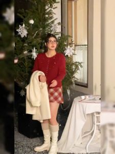 ohho x025 เสื้อสีแดง คาร์ดิแกนผู้หญิง เสื้อเชิ้ตไหม คาร์ดิแกนผ้าวูล เสื้อครอป เหมาะสำหรับแมทช์กับชุดต่างๆ เสื้อผ้าที่เหมาะกับสาวอ้วน Clothing Women Lady