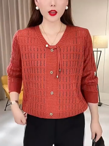 TTQQ Womens Buckle Hollow V-neck Long-sleeved Shirt Thin Sweater Top