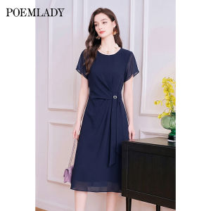 POEMLADY | French Short Sleeve Puff Blue Dress for Work Slim Fit Summer