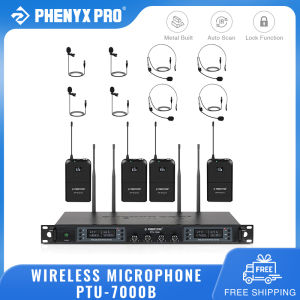 Phenyx Pro PTU-7000B Wireless Microphone System 4 Channel Wireless Mic Set 4 Headsets/Lapel Mics Auto Scan 328ft Coverage for Singing DJ Church Stage Karaoke