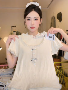 Sweet Gentle Pleated U-Neck T-Shirt Womens Knitted Short Sleeve Butterfly Knot Lace Edge Top Korean Style Slim Fit Cotton 100%