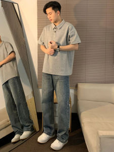 เสื้อยืดคอโปโลแขนสั้นสีเทาสำหรับผู้ชาย ทรงหลวม ผ้าฝ้ายผสมโพลีเอสเตอร์ ทรงลำลอง แฟชั่นฤดูร้อน ทรงปกติ