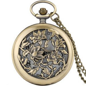 Bronze Hollow Flower Quartz Pocket Watch Necklace Pendant Vintage Sweater Chain Womans Christmas Gift