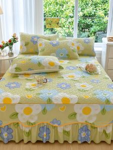 Korean Style Thickened Cotton Bed Skirt Anti-Slip Lace Three-Piece Bedding Set Queen Size Floral Pattern Bed Cover Dust Ruffle