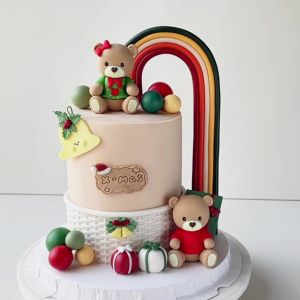 Christmas Cake Topper Red Sweater Green Shirt Bear Doll Ornaments Rainbow Arch Gift Box for Holiday Party Cake Decorations