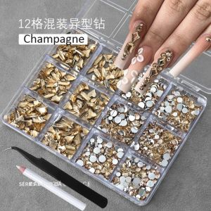 Bộ 12 Lưới Đá Trang Trí Móng Tay 3D Màu Vàng Sâm Banh Nhiều Hình Dạng Mặt Phẳng Kèm Bút Và Nhíp Để Trang Trí Nail Art