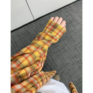 Summer Lightweight Plaid Womens Sun Protection Shirt Casual Loose Style Outerwear Cardigan Retro Wind Cotton Pure Long Sleeve Button up Shirt