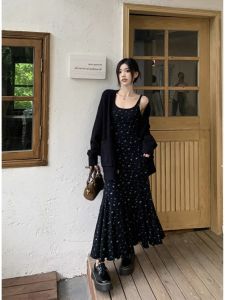 Hebe Style Midi Floral Print Strapless Dress Long Sleeve Womens Fashion Set Polyester Fiber High Waist A-Line Skirt