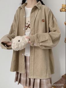 Japanese Style Cute Bear Embroidery Corduroy Shirt Autumn Student Loose and Lazy Style Soft Girl Outwear Female Preppy Style