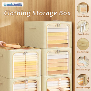Justliving Hộp đựng khung kim loại có thể gập lại 35/53/60L Thùng đựng quần áo dung tích lớn thêm hộp tủ đựng chia ngăn sắp xếp hộp có thể xếp chồng với tay cầm và cửa sổ trong suốt/dây kéo kép