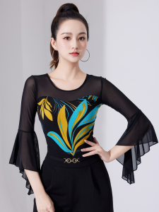 Modern Dance Tops Womens Summer New Half Sleeve National Standard Dance Latin Dance One-Piece Exercise Clothing Ruffles Dancing Dress Patchwork