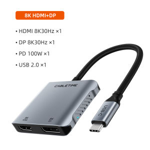 Cabletimes | CABLETIME 4 IN 1 Windows MST USB C HUB to Dual HDMI Displayport 8K 30Hz 4K 60Hz PD100W Dual Display for Laptop Dell