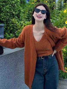 Super White Korean Style Gentle Early Autumn Mid Length Long Length Female V-neck Knitted Cardigan Vest Suit Loose Versatile Coat