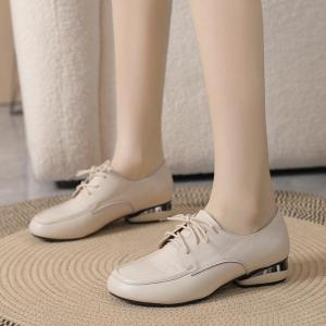 Comfortable Casual Low Heel Genuine Leather Womens Shoes Deep Mouth Lace-Up Flats British round Head Spring Autumn Single Shoes