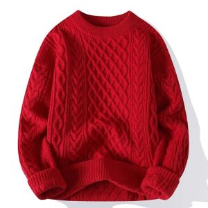 Red Knitted Sweater Mens Winter Fashion Thick Twisted Cable Knitwear Christmas Couples Long Sleeve round Neck Youth Style