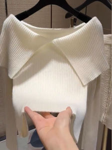 Elegant One Shoulder Knitwear Large Collar Womens Fashion Autumn New Style High Waist A-Line Skirt Korean Style Commute Pure Color