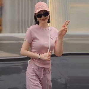 Slim Fit Pink Short Sleeve T-Shirt And Work Pants Two Piece Set Casual Womens Fashion Summer Outfit Slimming Effect