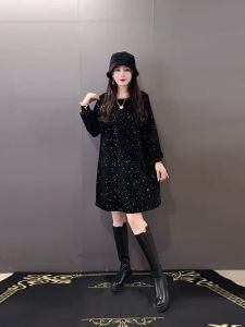 plus Size Womens round Neck Long Sleeve Full Beads Dress Slimming Fashion Design Midi Black Color Commute Korean Style Straight Cut