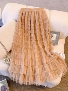 Elegant Multi-Layer Cake Skirt Long Mesh Half Skirt Womens Design Sensation Niche Slimming Maxi Skirt Commute Style High Waist