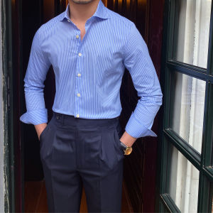 Business Casual Stripe Long Sleeve English Windsor Collar Fitted Mens Shirt