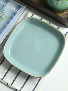 Rongqiang Ice Crack Pattern Ceramic Plate Chinese Style Deep Soup Plate Pure Color Porcelain Dish for Home Use 8 Inches Square