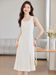 Beige Sleeveless Vest Dress High Waist Inner Strap Midi Skirt Commute Style Polyester Fabric round Neck A-Line Silhouette