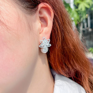 SEQUITO Gorgeous Women Jewelry White Gold Plated Full Pave Sparkling AAAAA Cubic Zirconia Noble Pearl Pendant Flower Drop Earrings for Anniversary Gift SE832