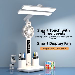 Dual Head LED Eye-Caring Desk Lamp with Cooling Fan Dimmable 3 Color Temperature Reading Light for Student Office Dorm