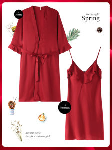 LEZIMENG | Silky Seductive Sleep Dress for Women Red Autumn/Spring Season