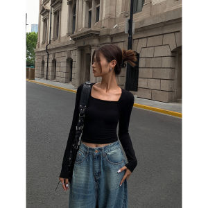 Black Knitted Base Layer Shirt for Women Autumn Style Backless Design Slimming Long Sleeve Square Collar T-Shirt Street Style