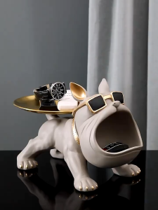Black Bulldog with Sunglasses and Gold Plate Storage Tray for Keys Cards Jewelry Desk Tidy