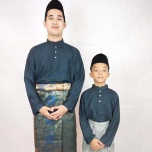 BAJU MELAYU SLIM FIT COTTON DARK GREEN / HIJAU EMERALD SEPASANG DEWASA & BUDAK - BAJU RAYA (C005BM)