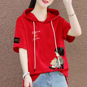 Red Loose Short Sleeve Womens T-shirt plus Size Spring Summer New Style Korean Version Small Figure Plump MM Hoodie Tee Shirt