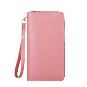 Trendy Solid Color Long Wallet Zippers Clutch Coin Purse Womens Faux Leather Card Holder With Wristband