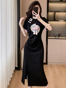 New Chinese Style Embroidered Heavy Work Long Skirt Summer Season High Waist Belted Split High Collar Commute Korean Style Dress
