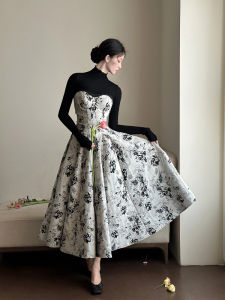 ชุดเดรสยาวลายดอกไม้สไตล์ฝรั่งเศสขนาดใหญ่ ชุดเดรสยาวเอวสูง ชุดเดรสยาวแขนกุด ชุดเดรสยาวฤดูใบไม้ผลิ ชุดเดรสยาวเอวสูง