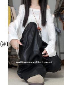 175 Tall Long American Retro Black Leather Pants Female Mop Straight Drooping Narrow Wide Leg PU Leather Pants Leather Pants