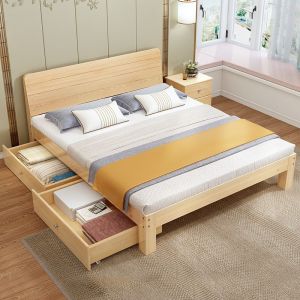 Bed Frame Thicken Solid Wood Bed With Drawer Single/Queen/King Economic Modern Minimalist Bed Bedroom Furniture