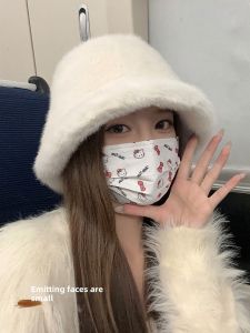 White Plush Fisherman Hat Womens Winter Heattech Face-Looking Small Furry Soft Glutinous Bucket Hat Bucket Hat Easiest for Match Big Head Circumference