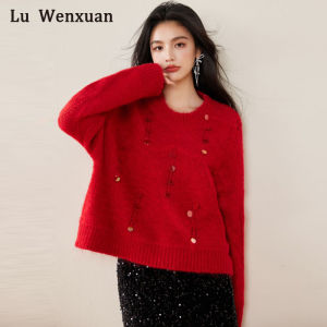 Red Thickened Fashionable Sweater Womens Autumn Winter Clothing Glitter Lazy Style High-End Feeling New Years New Arrival