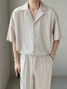 Summer Thin Ice Silk Cuban Collar Half Length Short Sleeve Shirt Mens Oversize Loose Half-Sleeved Casual Handsome Shirt