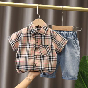 Western style summer style new trend Children clothing short sleeve shirt denim shorts two-piece set