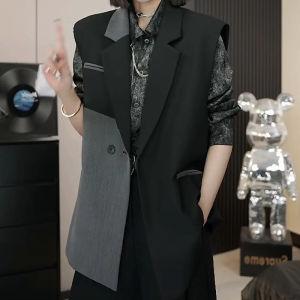 Color Block Suit Jacket Womens Unique Design Casual Loose Lazy Style Korean High-End Feelings Fashionable Vest for Ladies